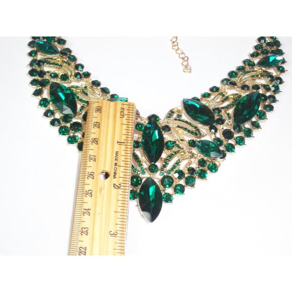 Green 2 pcs Statement Rhinestone Necklace Set, Bridal Party Drag Queen Necklace - Picture 7 of 8